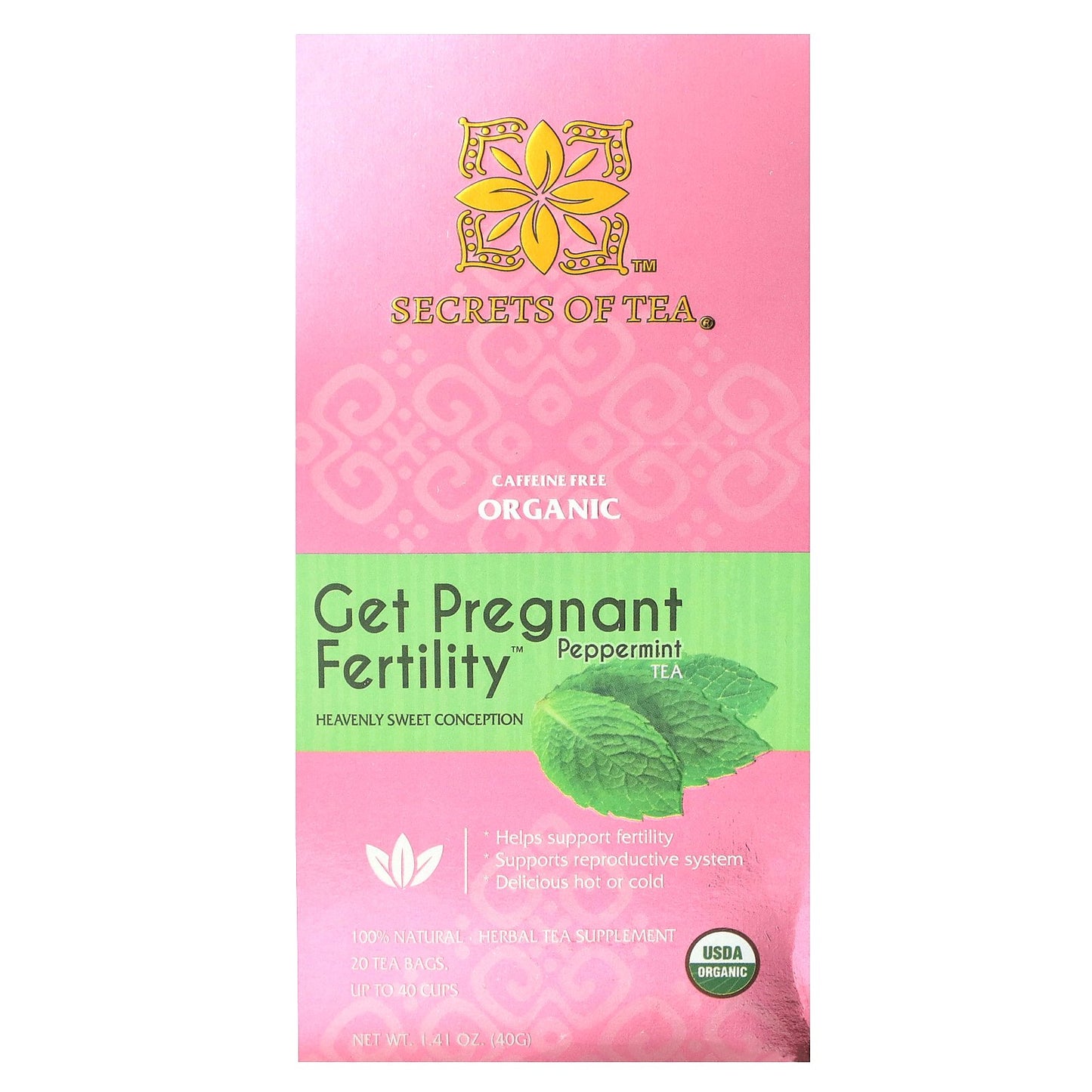 Secrets of Tea, Organic Get Pregnant Fertility Tea, Peppermint, Caffeine Free, 20 Tea Bags, 1.41 oz (40 g)