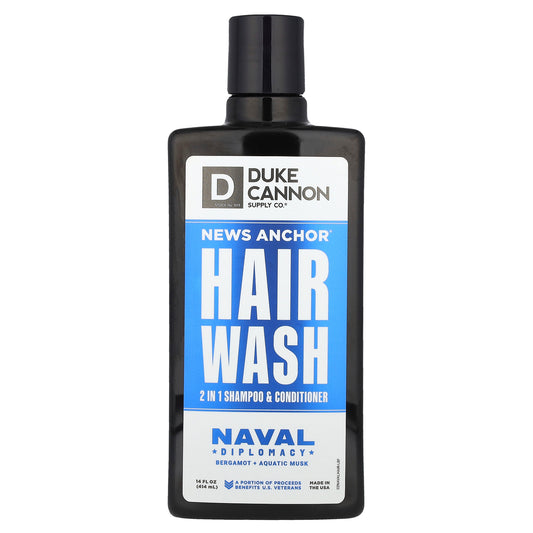 Duke Cannon Supply Co., News Anchor® Hair Wash, 2 in 1 Shampoo & Conditioner, Naval Diplomacy, Bergamot + Aquatic Musk, 14 fl oz (414 ml)