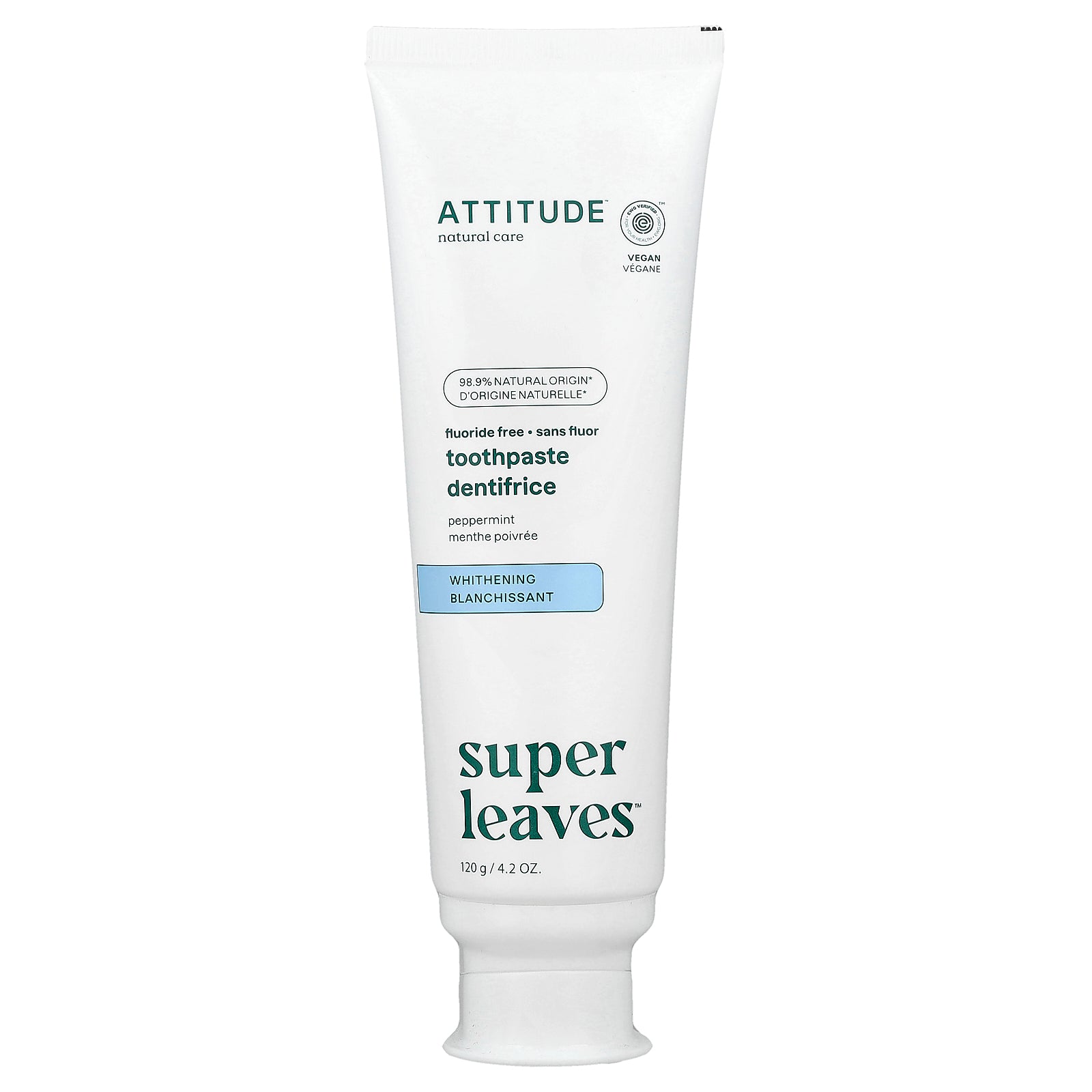 ATTITUDE, Super Leaves™, Fluoride Free Whitening Toothpaste, Peppermint, 4.2 oz (120 g)