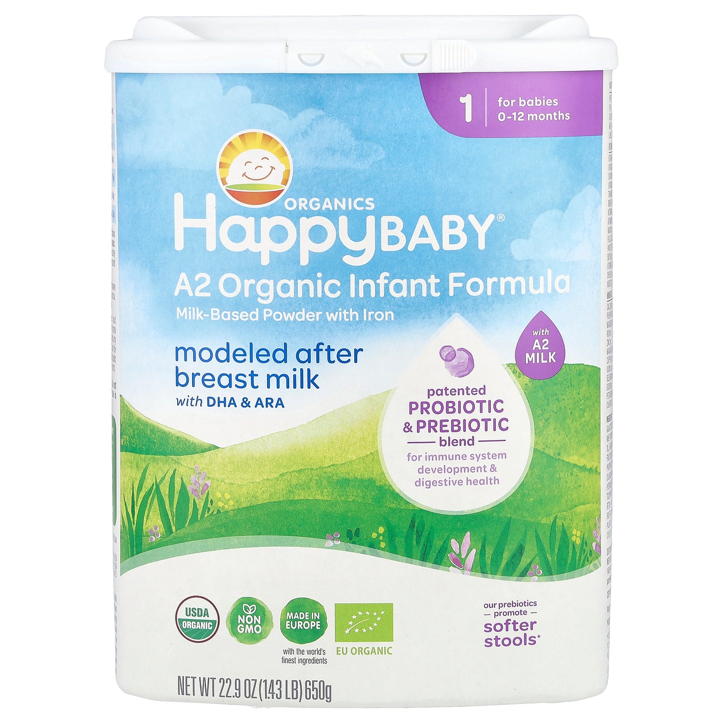 Happy Family Organics, A2 Organic Infant Formula, Milk-Based Powder with Iron, 0-12 Months , 22.9 oz (650 g)