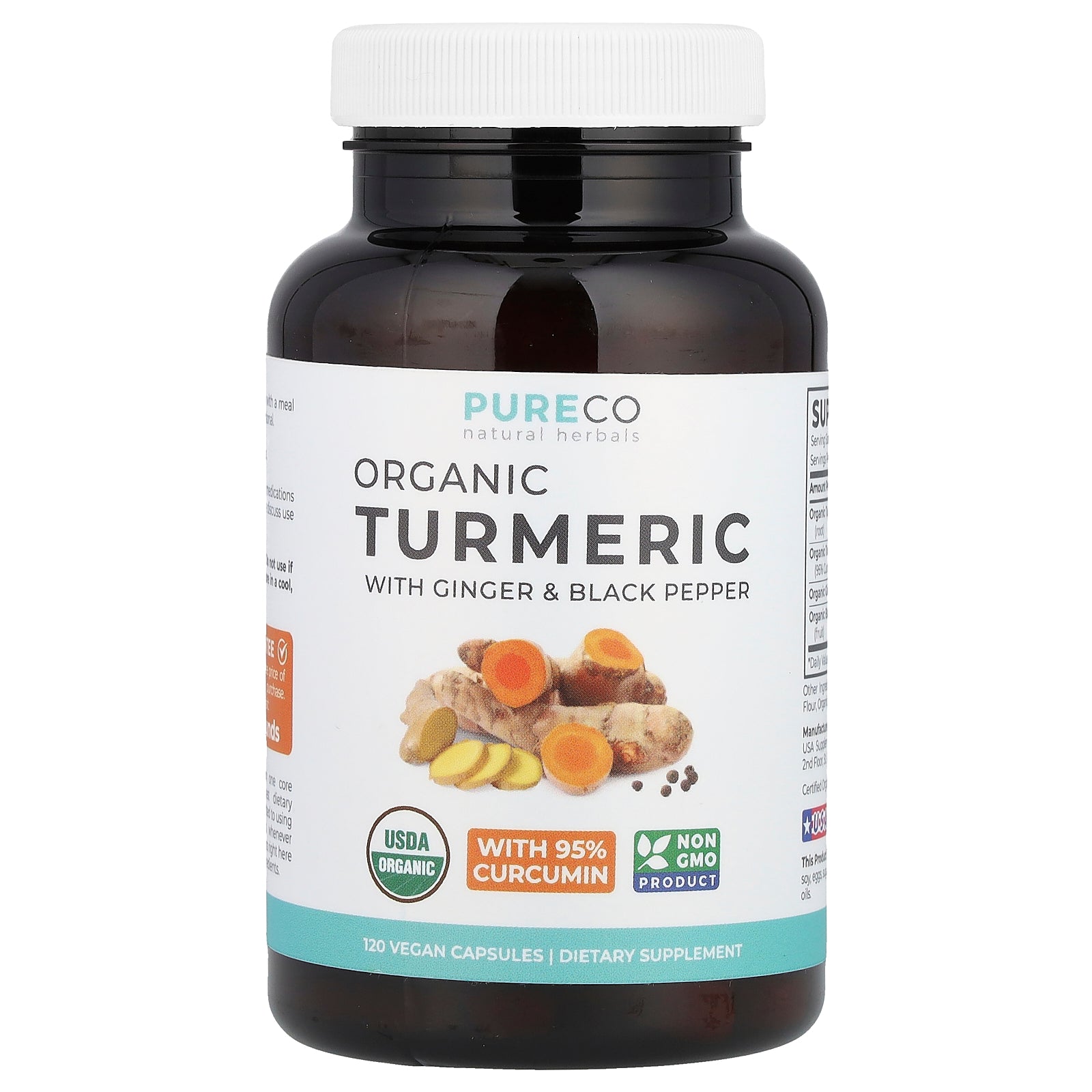Pure Co., Organic Turmeric with Ginger & Black Pepper, 120 Vegan Capsules
