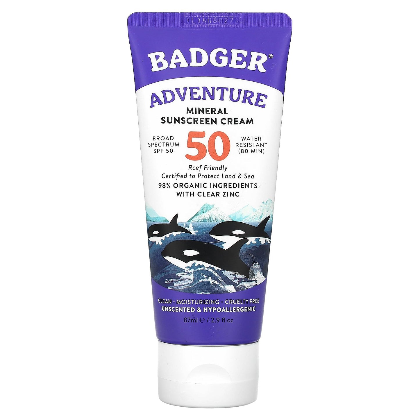 Badger, Adventure, Mineral Sunscreen Cream, SPF 50, Unscented, 2.9 fl oz (87 ml)