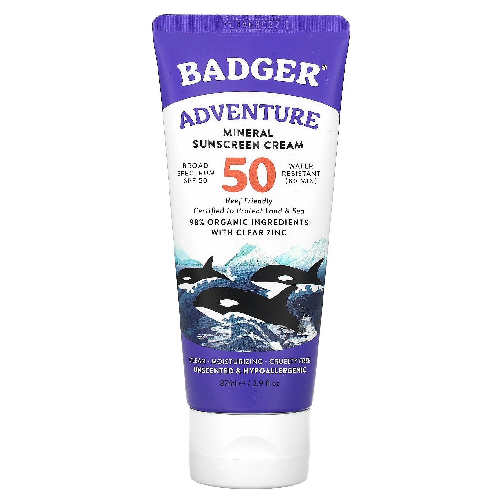 Badger, Adventure, Mineral Sunscreen Cream, SPF 50, Unscented, 2.9 fl oz (87 ml)