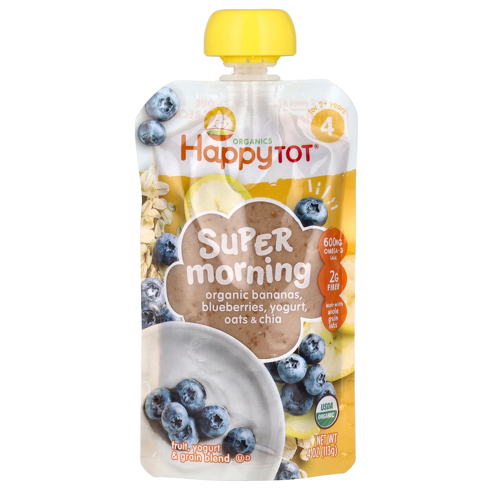 Happy Family Organics, Happy Tot®, Super Morning, For 2+ Years, Organic Bananas, Blueberries, Yogurt, Oats & Chia, 4 oz (113 g)