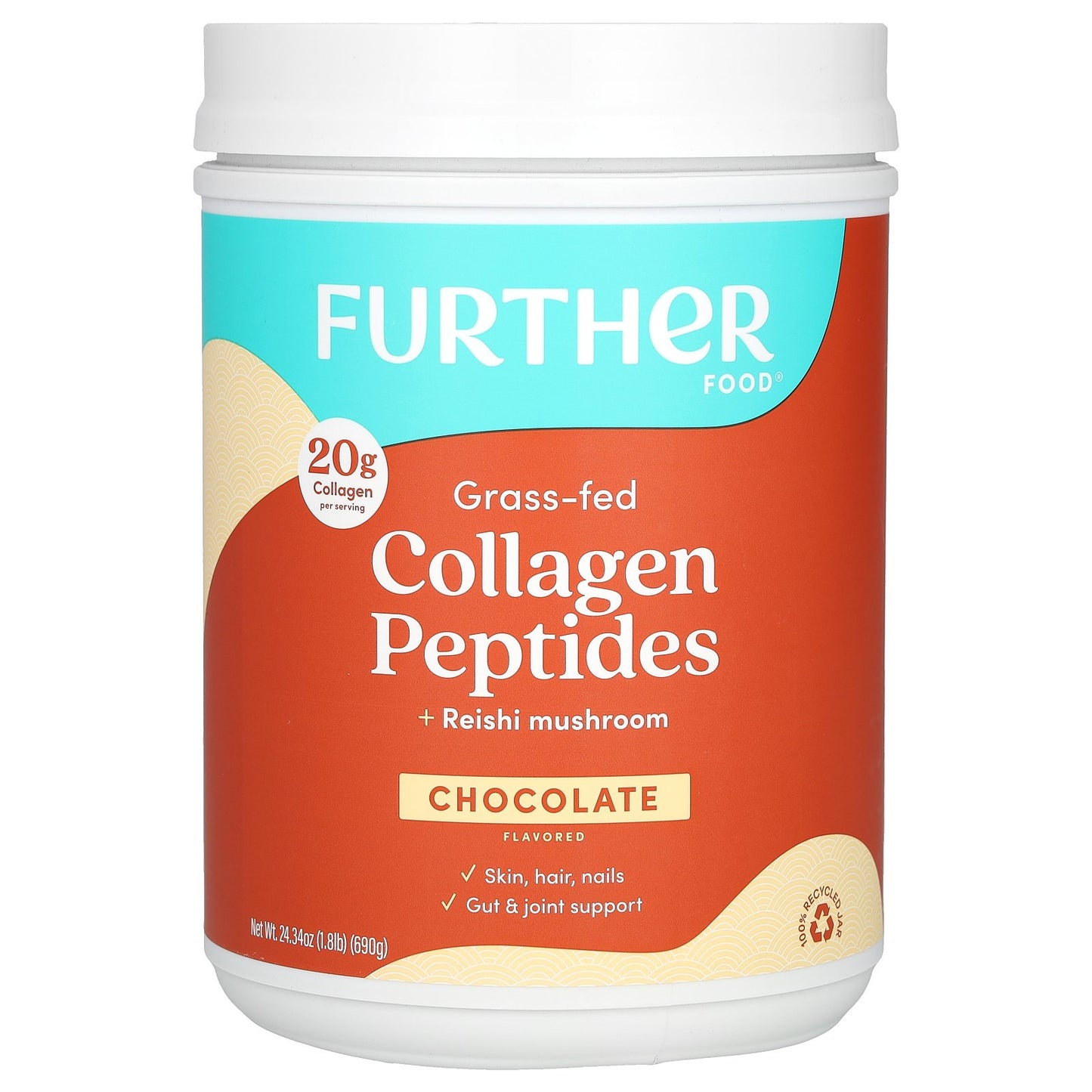 Further Food, Grass-Fed Collagen Peptides + Reishi Mushroom, Chocolate, 1.8 lbs (690 g)