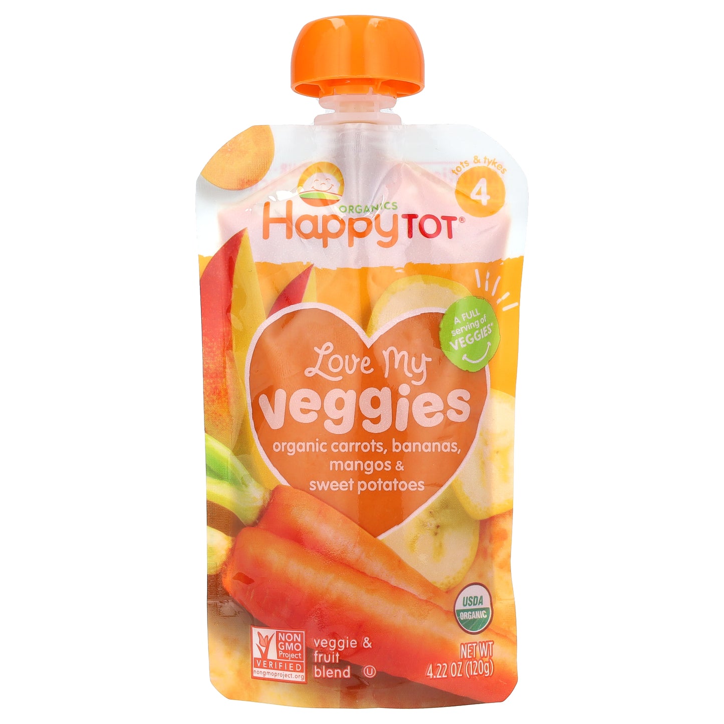 Happy Family Organics, Happy Tot, Love My Veggies, Stage 4, Organic Carrots, Bananas, Mangos & Sweet Potatoes, 4.22 oz (120 g)