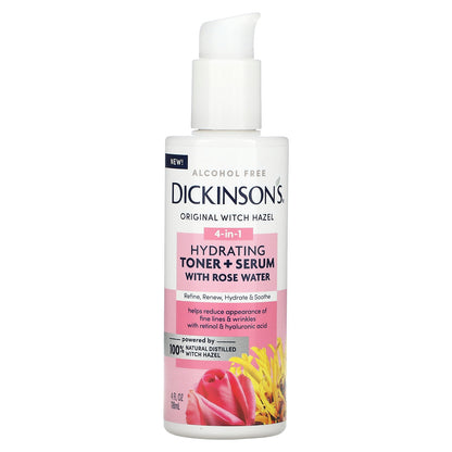 Dickinson Brands, Original Witch Hazel, 4-in-1 Hydrating Toner + Serum with Rose Water, Alcohol Free, 4 fl oz (118 ml)