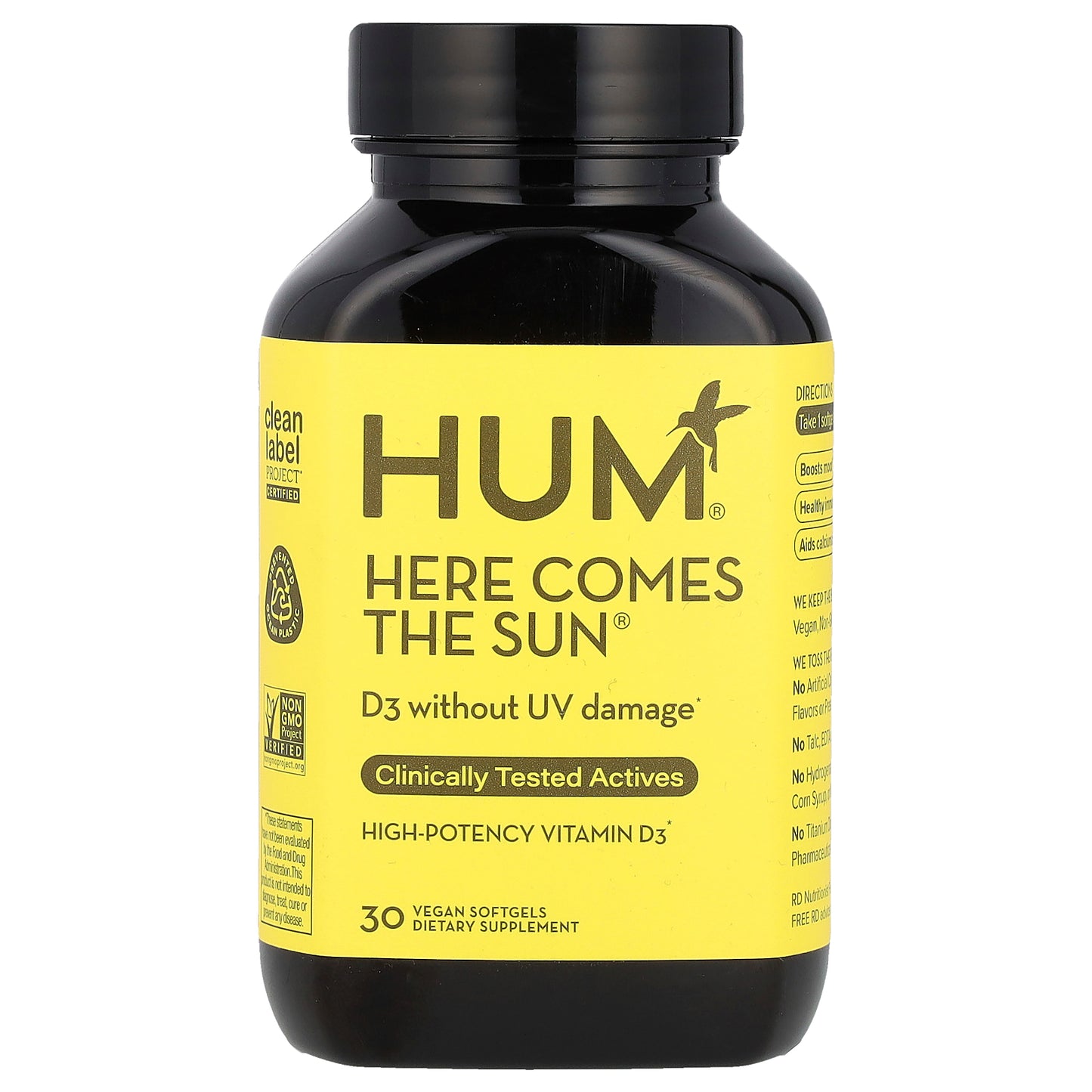 HUM Nutrition, Here Comes The Sun®, High-Potency Vitamin D3, 50 mcg, 30 Vegan Softgels