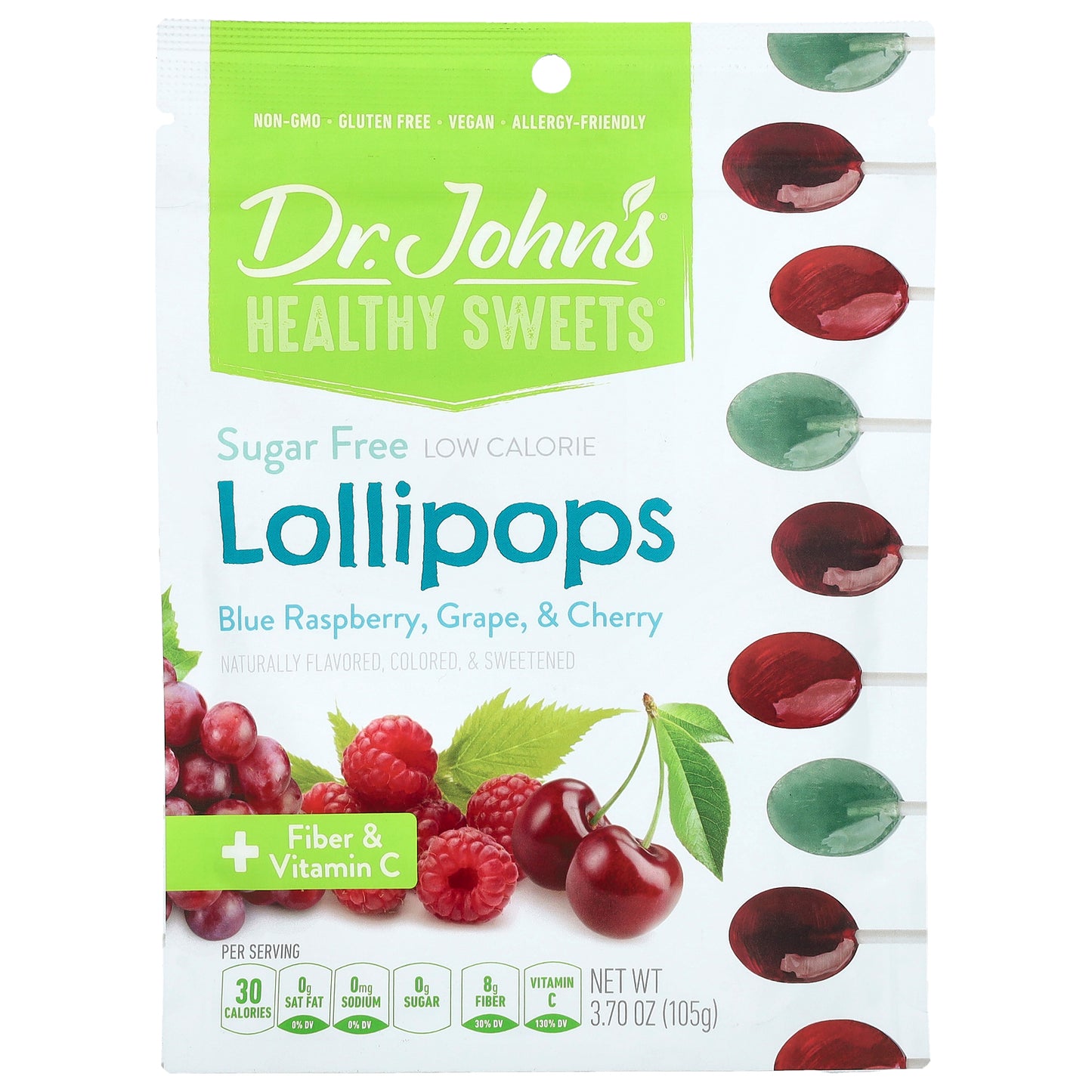 Dr. John's Healthy Sweets, Lollipops, + Fiber & Vitamin C, Blue Raspberry, Grape & Cherry, 3.70 oz (105 g)