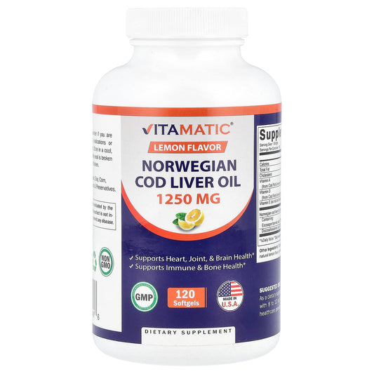 Vitamatic, Norwegian Cod Liver Oil, Lemon , 1,250 mg, 120 Softgels