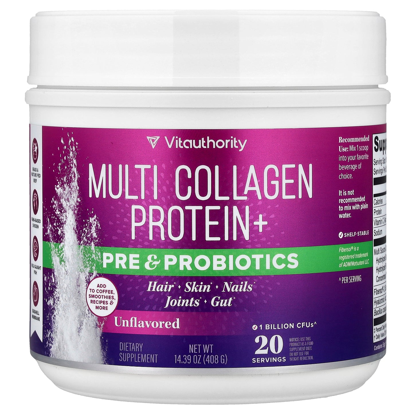 Vitauthority, Multi Collagen Protein+ Pre & Probiotics, Unflavored, 14.39 oz (408 g)