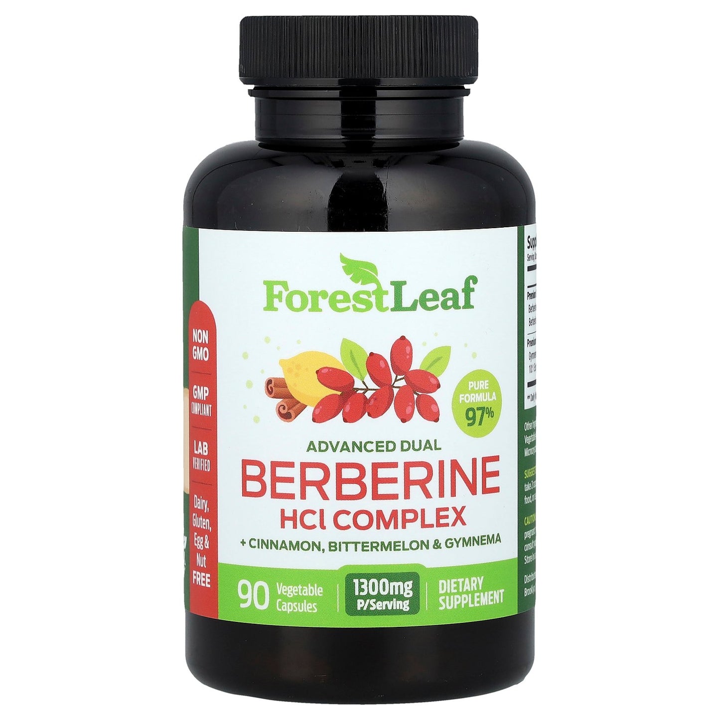 Forest Leaf, Advanced Dual Berberine HCl Complex + Cinnamon, Bittermelon & Gymnema, 90 Vegetable Capsules