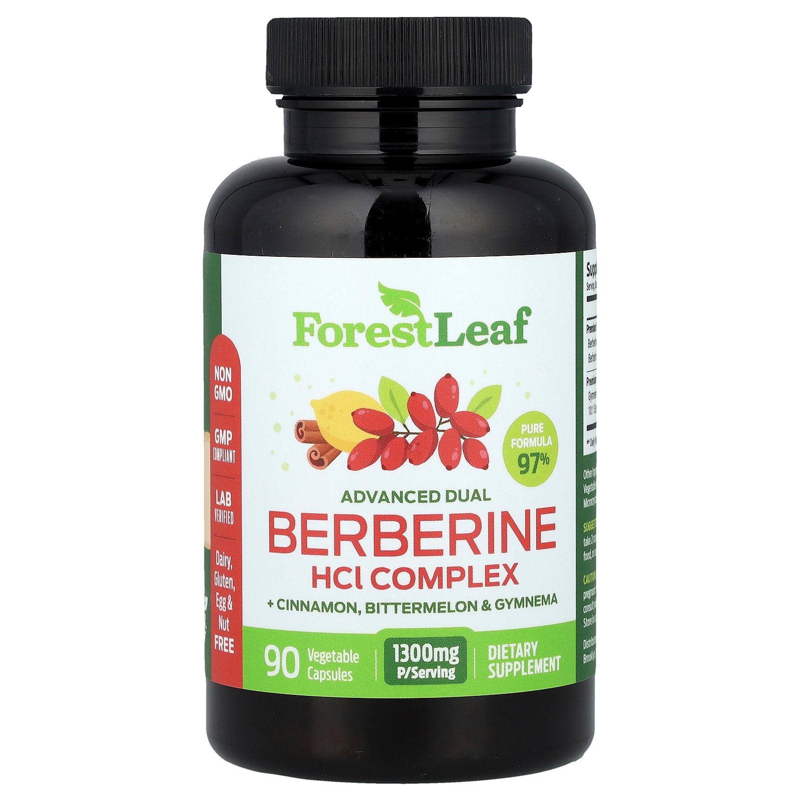Forest Leaf, Advanced Dual Berberine HCl Complex + Cinnamon, Bittermelon & Gymnema, 90 Vegetable Capsules