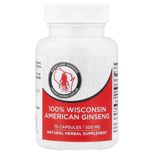Dairyland Ginseng, 100% Wisconsin American Ginseng, 500 mg, 75 Capsules
