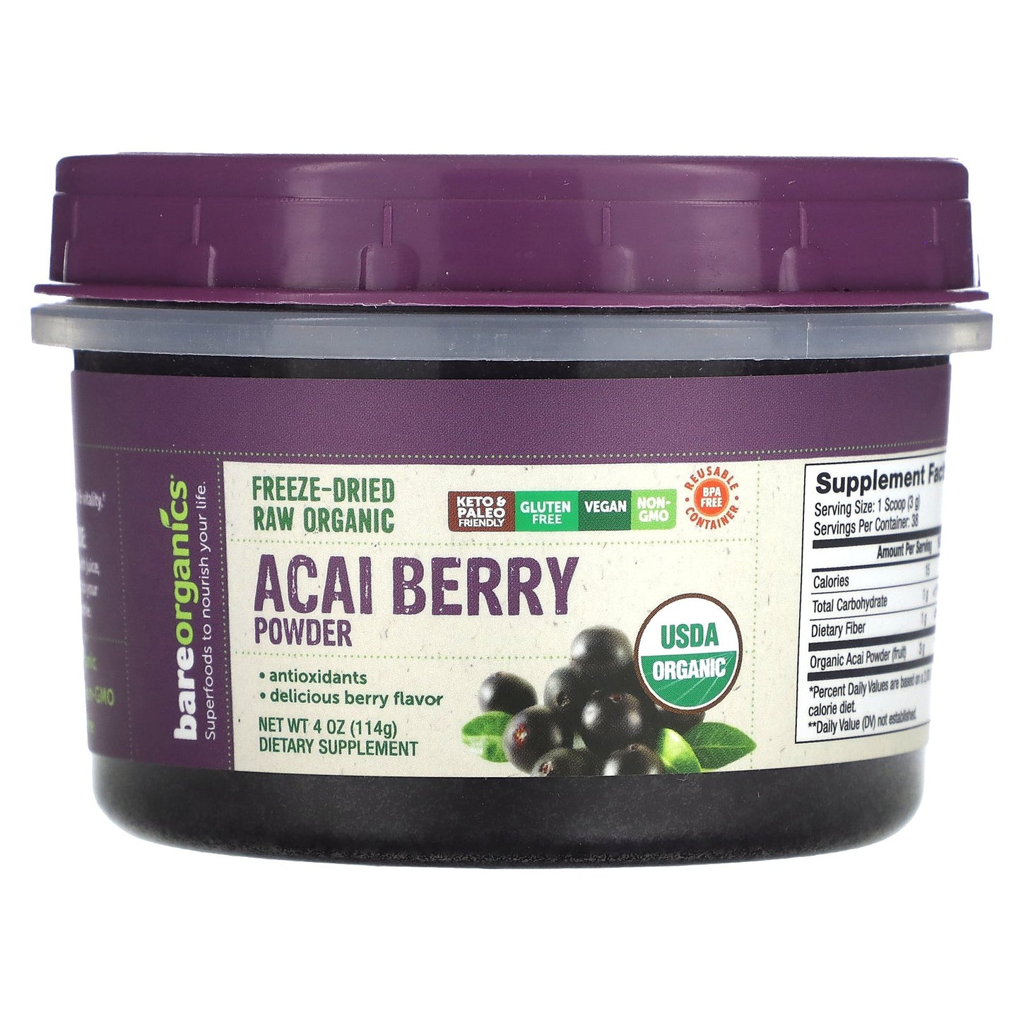 BareOrganics, Freeze-Dried Raw Organic Acai Berry Powder , 4 oz (114 g)