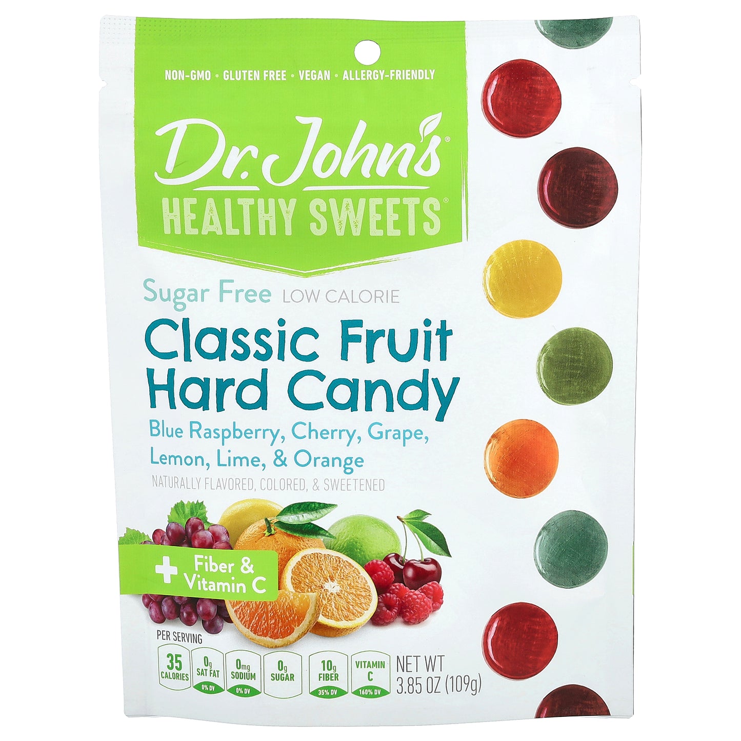 Dr. John's Healthy Sweets, Classic Fruit Hard Candy, Blue Raspberry, Cherry, Grape, Lemon, Lime, & Orange, 3.85 oz (109 g)