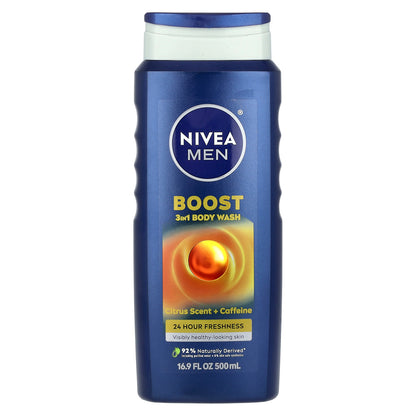 Nivea, Men, Boost 3-In-1 Body Wash, Citrus Scent + Caffeine, 16.9 fl oz (500 ml)