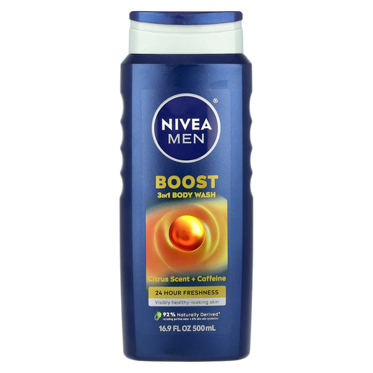 Nivea, Men, Boost 3-In-1 Body Wash, Citrus Scent + Caffeine, 16.9 fl oz (500 ml)