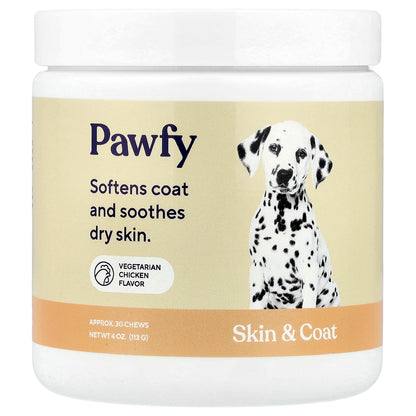Pawfy, Skin & Coat, For Dogs, Vegetarian Chicken , Approx. 30 Chews, 4 oz (113 g)