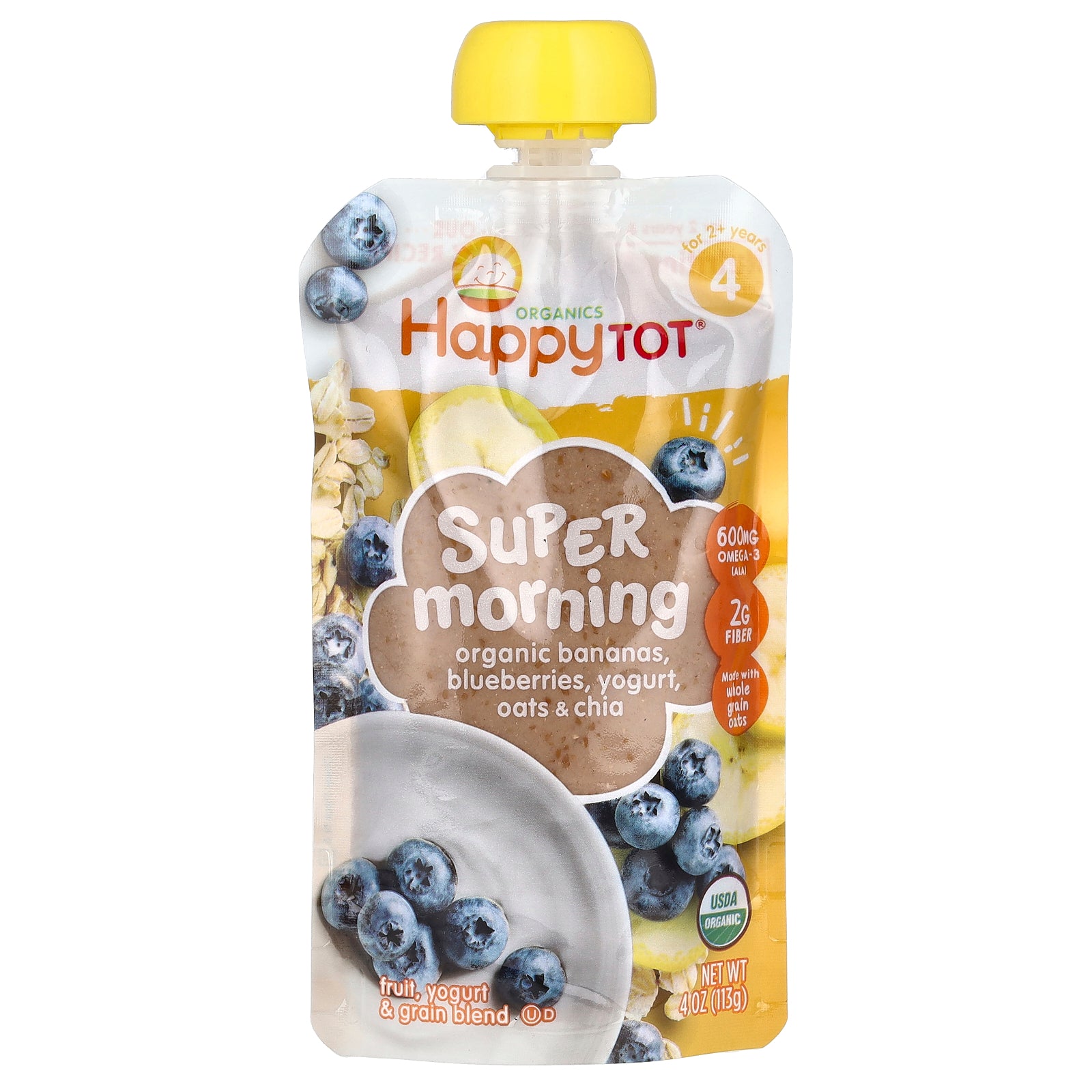 Happy Family Organics, Happy Tot, Super Morning, For 2+ Years, Organic Bananas, Blueberries, Yogurt, Oats & Chia , 4 oz (113 g)