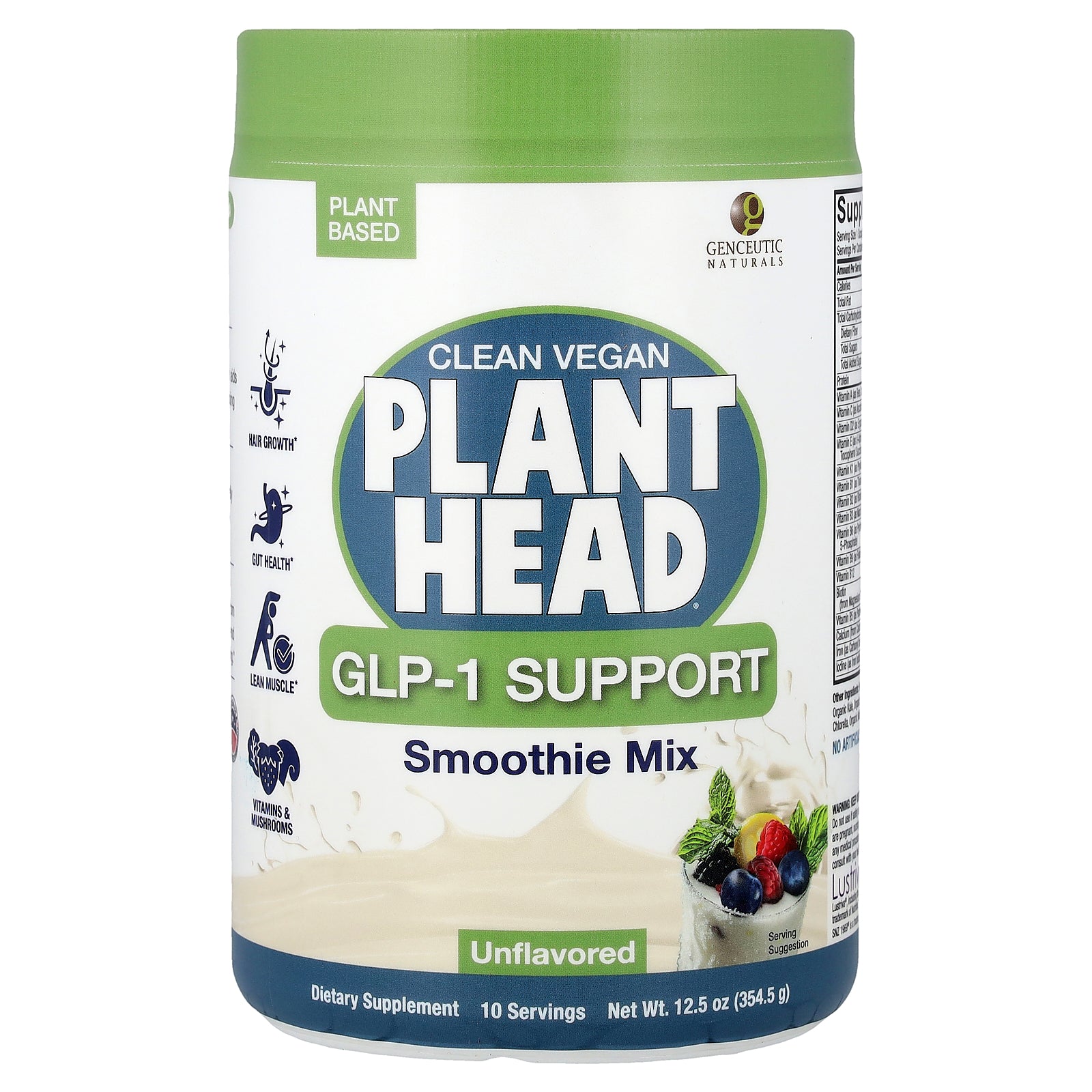 Genceutic Naturals, Clean Vegan Plant Head®, GLP-1 Support, Smoothie Mix, Unflavored, 12.5 oz (354.5 g)