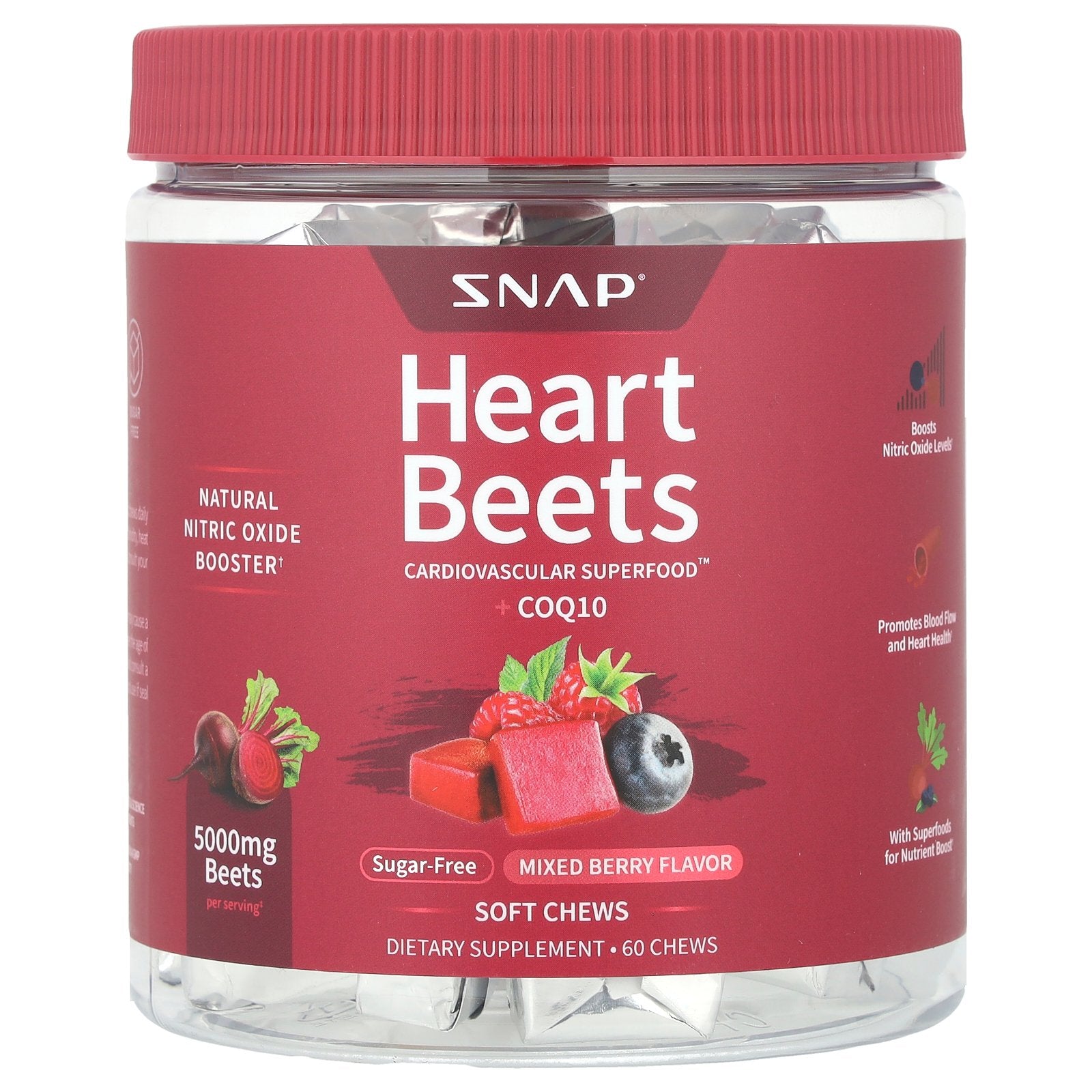 Snap Supplements, Heart Beets + CoQ10, Mixed Berry, 60 Soft Chews