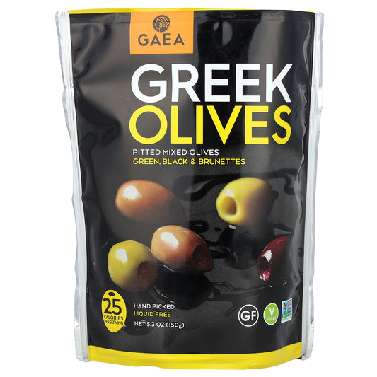 Gaea, Greek Olives, Pitted Mixed Olives, Green, Black & Brunettes, 5.3 oz (150 g)