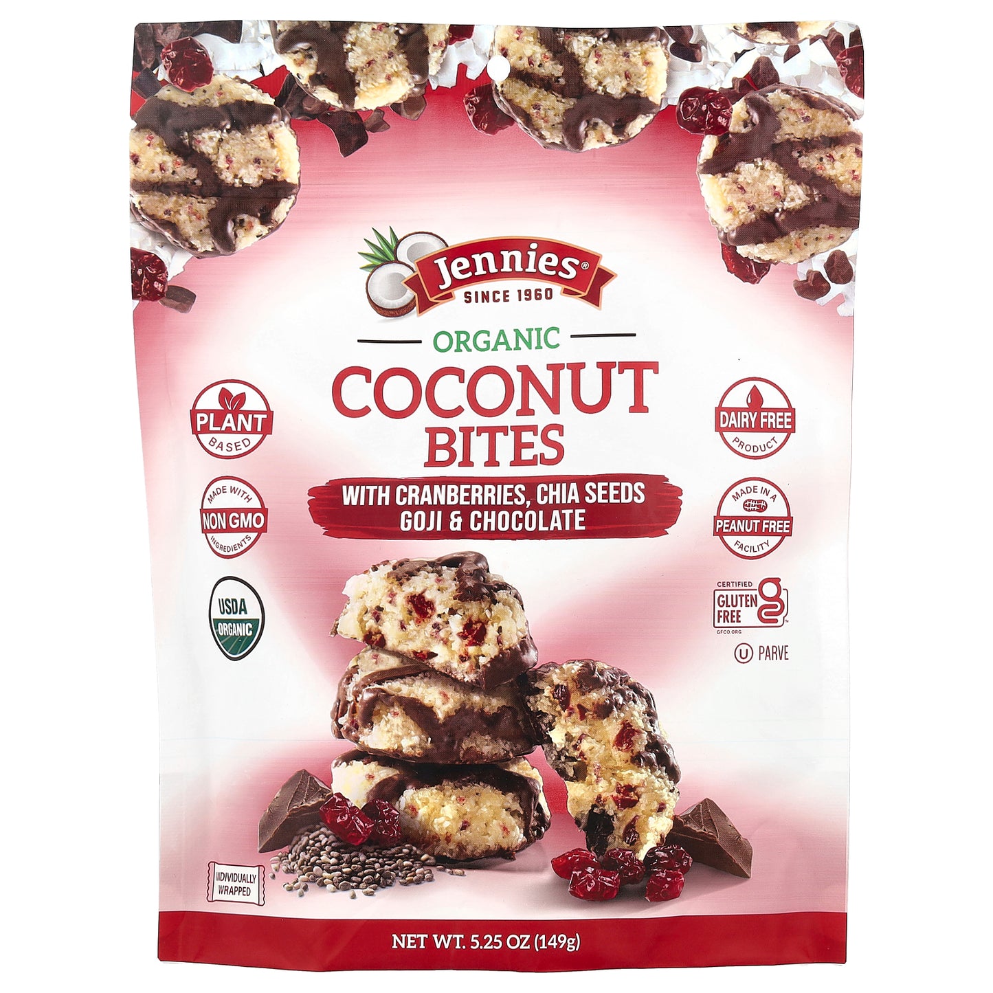 Jennies Macaroons, Organic Coconut Bites, with Cranberries, Chia Seeds, Goji & Chocolate, 5.25 oz (149 g)