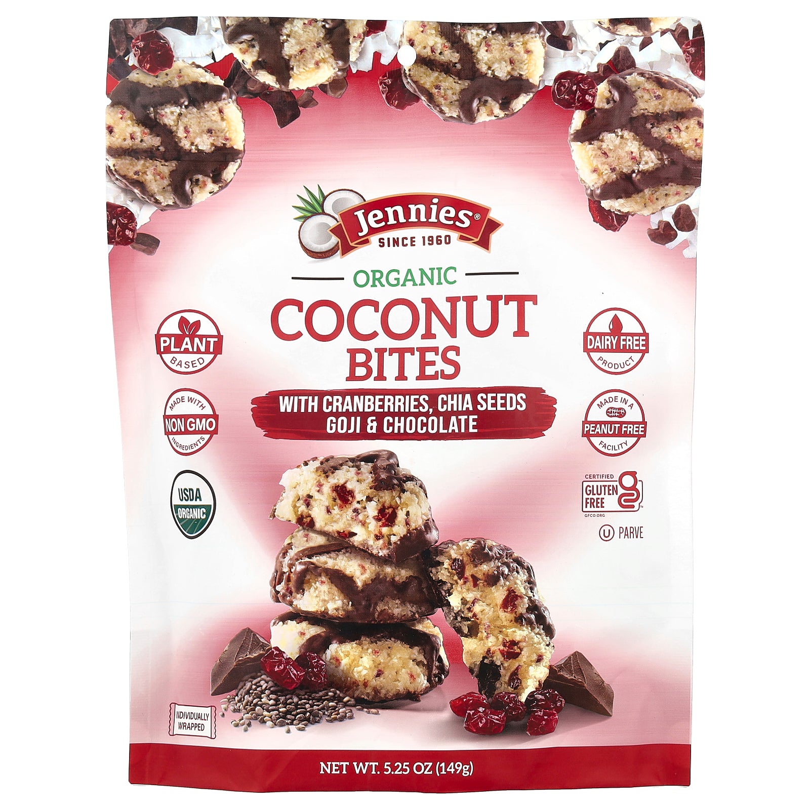 Jennies Macaroons, Organic Coconut Bites, with Cranberries, Chia Seeds, Goji & Chocolate, 5.25 oz (149 g)