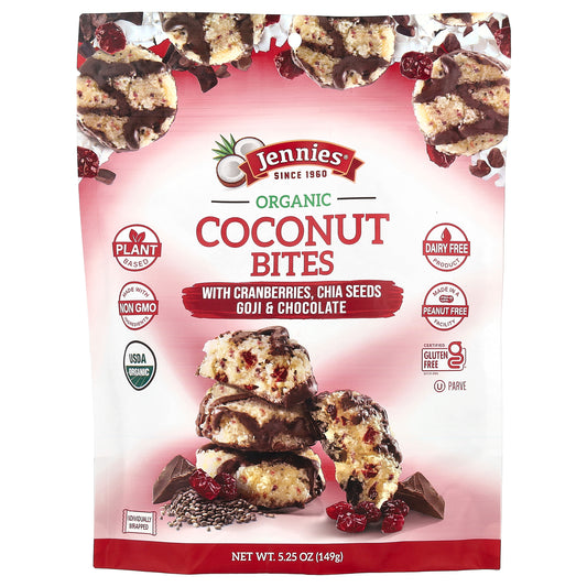 Jennies Macaroons, Organic Coconut Bites, with Cranberries, Chia Seeds, Goji & Chocolate, 5.25 oz (149 g)