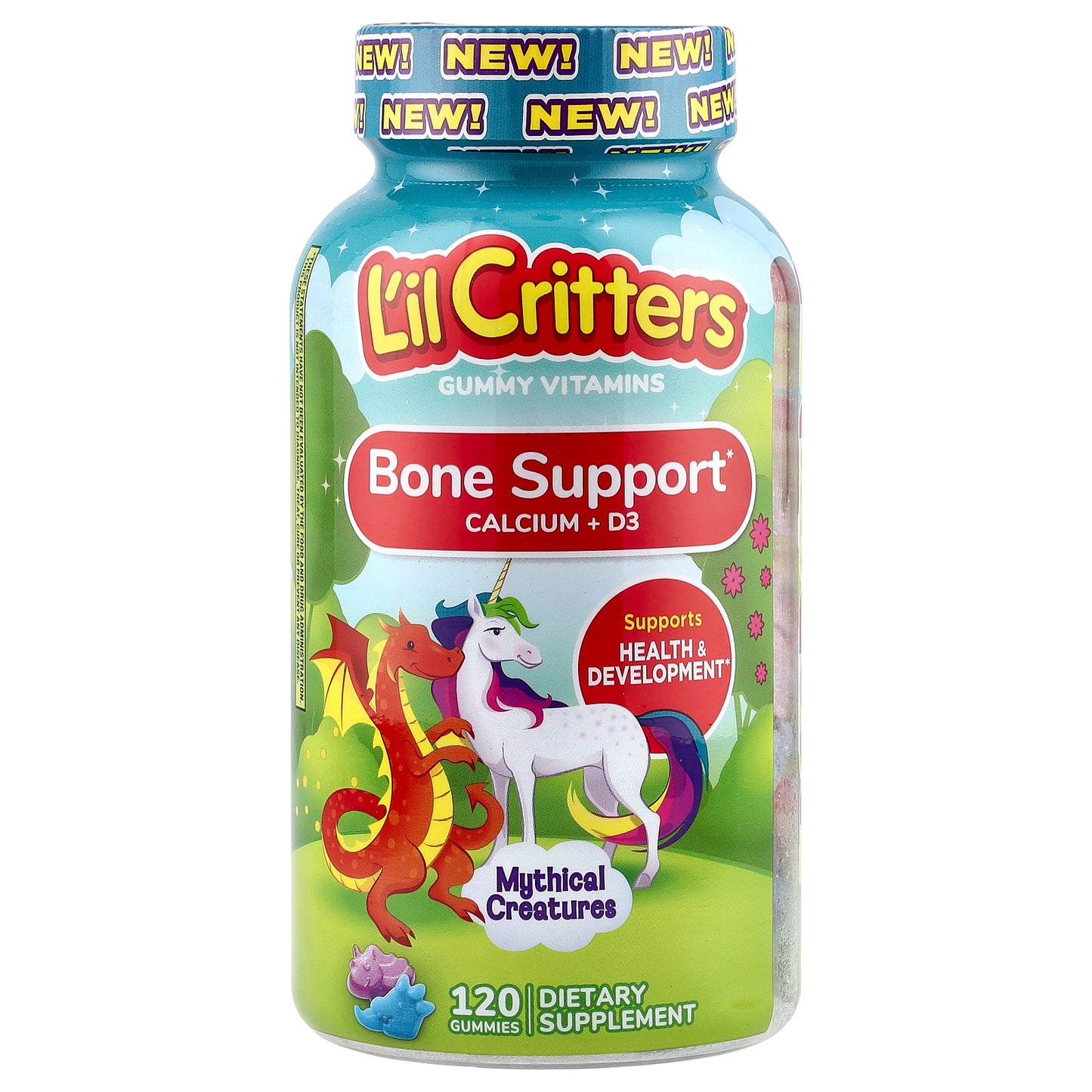 L'il Critters, Mythical Creatures, Bone Support Calcium + D3 Gummies, Bumbleberry Blast, Sour Blue Raspberry, 120 Gummies