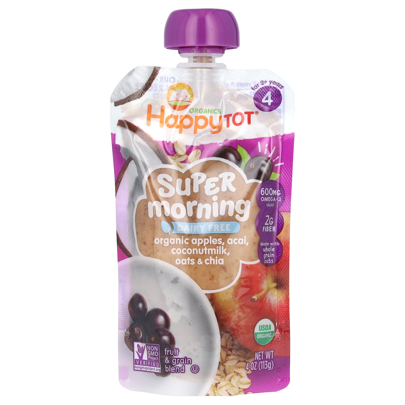 Happy Family Organics, Happy Tot®, Super Morning, Dairy Free, For 2+ Years, Organic Apples, Acai, Coconutmilk, Oats & Chia, 4 oz (113 g)