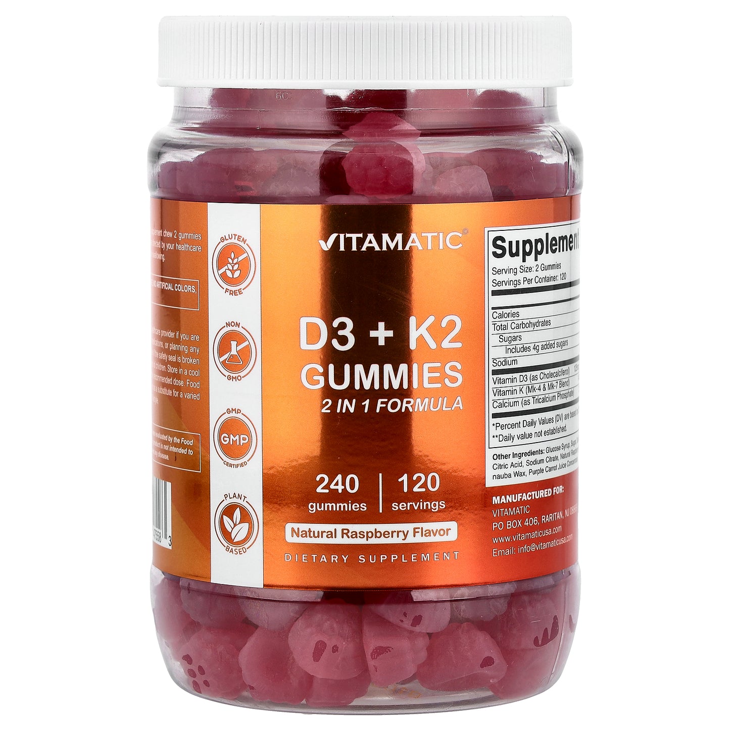 Vitamatic, D3 + K2 Gummies, Natural Raspberry, 240 Gummies