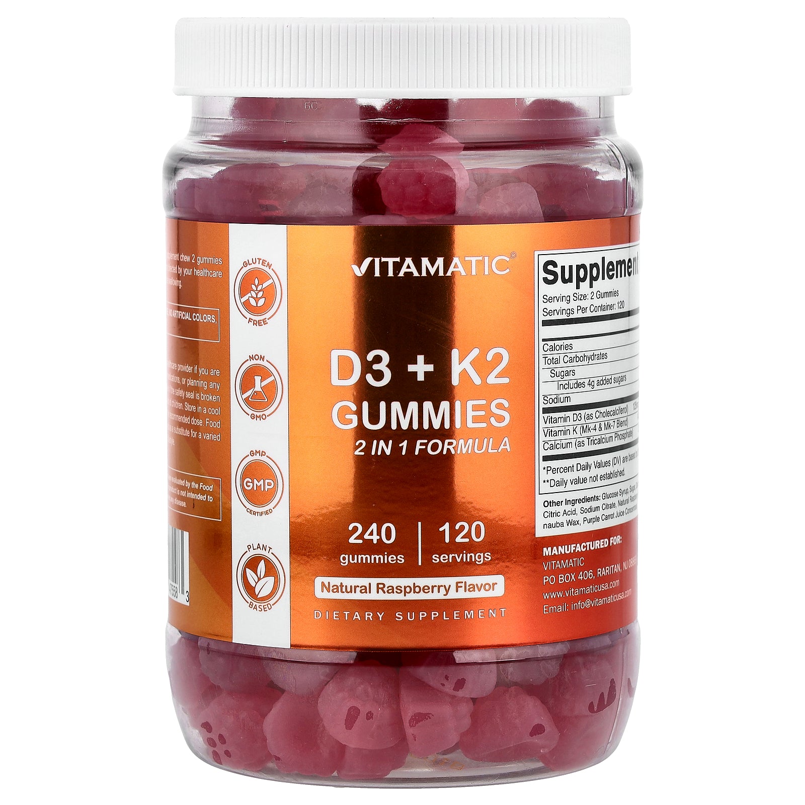Vitamatic, D3 + K2 Gummies, Natural Raspberry, 240 Gummies