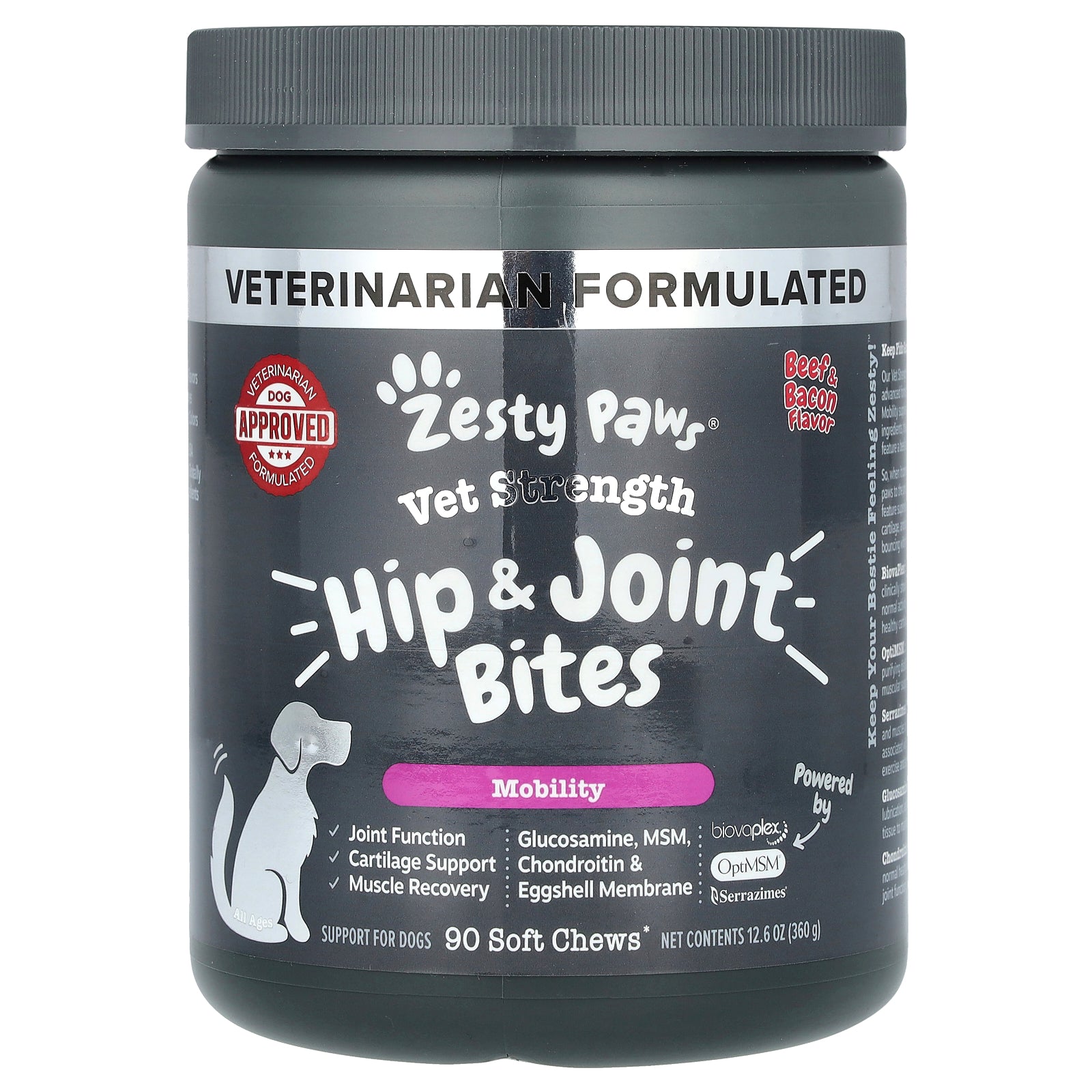 Zesty Paws, Vet Strength Hip & Joint Bites, For Dogs, All Ages, Beef & Bacon, 90 Soft Chews,12.6 oz (360 g)