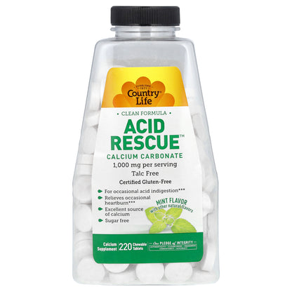 Country Life, Acid Rescue, Calcium Carbonate, Mint, 1,000 mg, 220 Chewable Tablets (500 mg per Tablet)