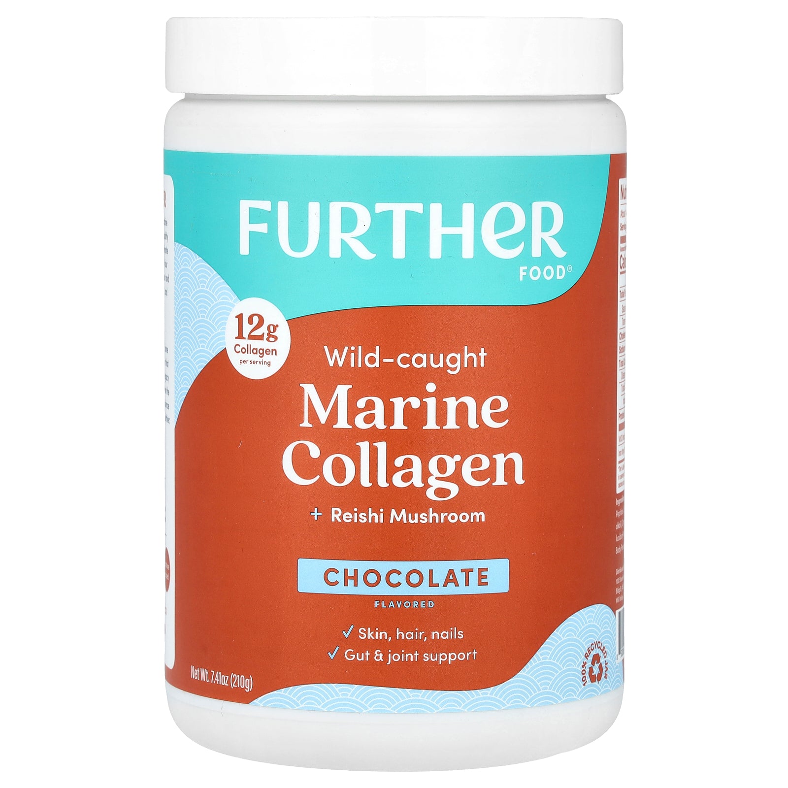 Further Food, Wild- Caught Marine Collagen + Reishi Mushroom, Chocolate, 7.41 oz (210 g)