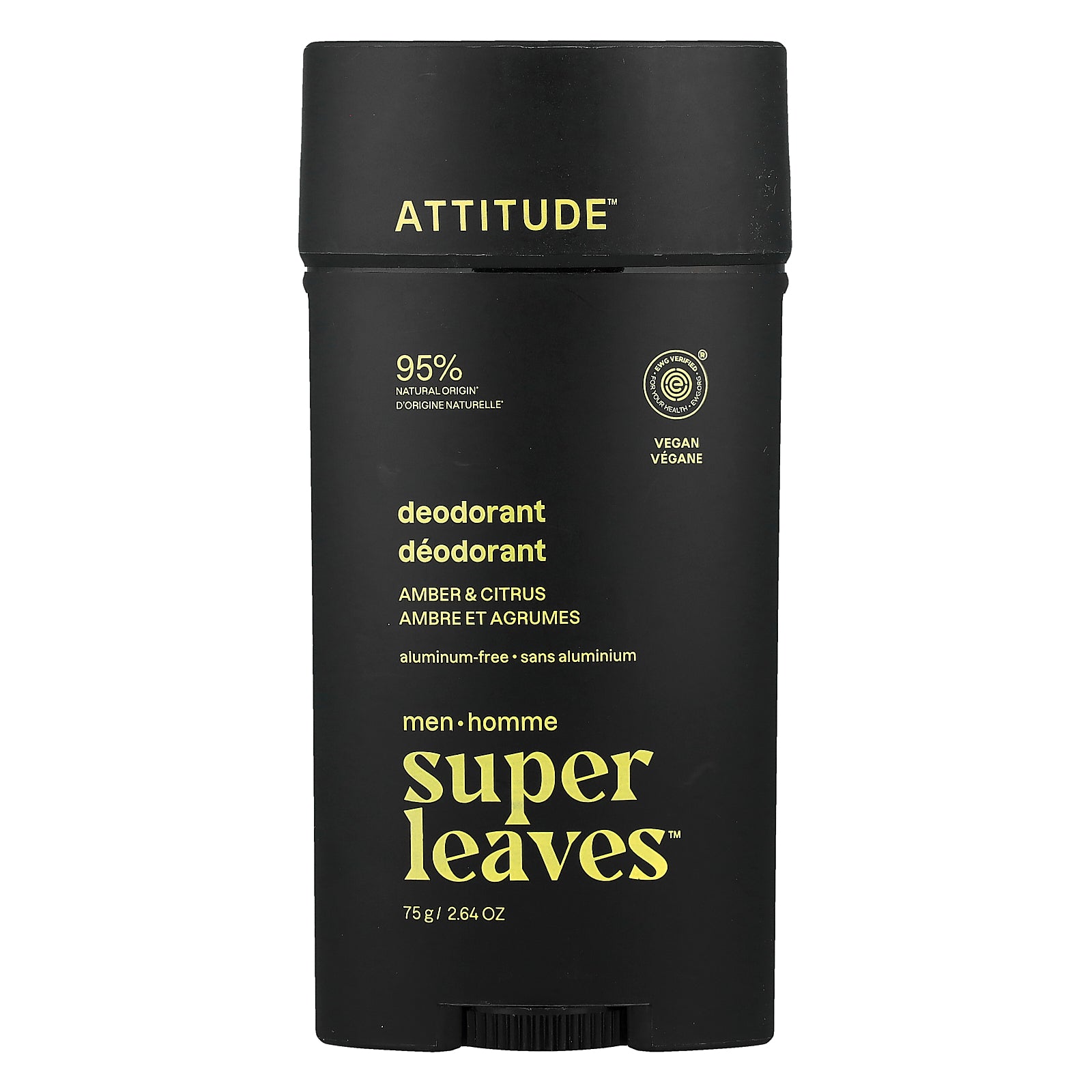 ATTITUDE, Super Leaves™, Aluminum-Free Deodorant, For Men, Amber & Citrus, 2.64 oz (75 g)