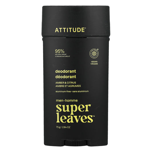ATTITUDE, Super Leaves™, Aluminum-Free Deodorant, For Men, Amber & Citrus, 2.64 oz (75 g)