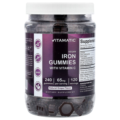 Vitamatic, Vegan Iron Gummies with Vitamin C, Grape, 240 Gummies