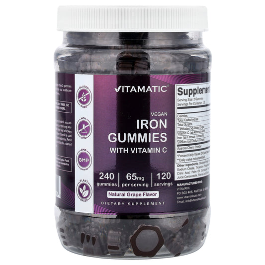Vitamatic, Vegan Iron Gummies with Vitamin C, Grape, 240 Gummies