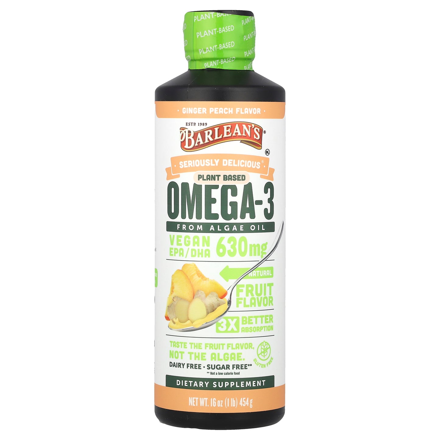 Barlean's, Seriously Delicious®, Plant Based Omega-3 From Algae Oil, Ginger Peach, 630 mg, 16 oz (454 g)