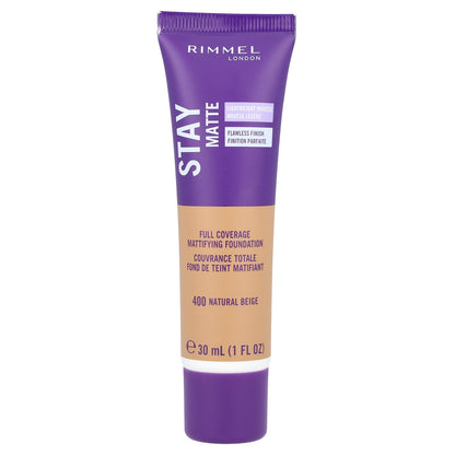 Rimmel London, Stay Matte, Full Coverage Mattifying Foundation, 400 Natural Beige, 1 fl oz (30 ml)