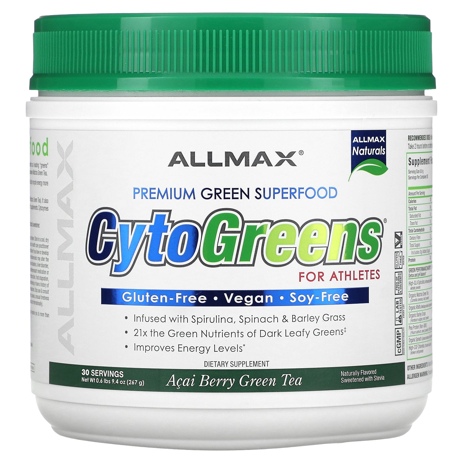 ALLMAX, CytoGreens® For Athletes, Acai Berry Green Tea, 0.6 lbs (267 g)