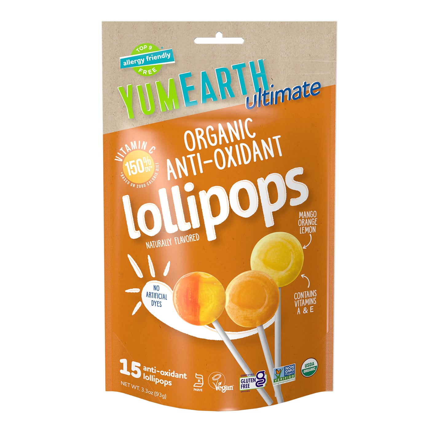YumEarth, Ultimate, Organic Anti-Oxidant Lollipops, Mango, Orange,  Lemon, 15 Lollipops, 3.3 oz (93 g)