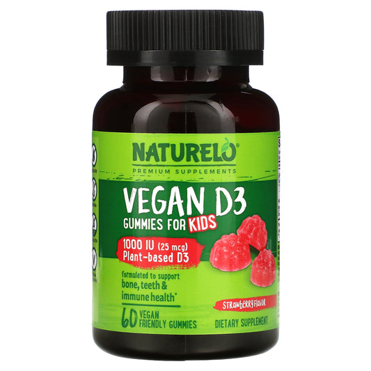 NATURELO, Vegan D3 for Kids, Strawberry, 1,000 IU (25 mcg), 60 Vegan Friendly Gummies