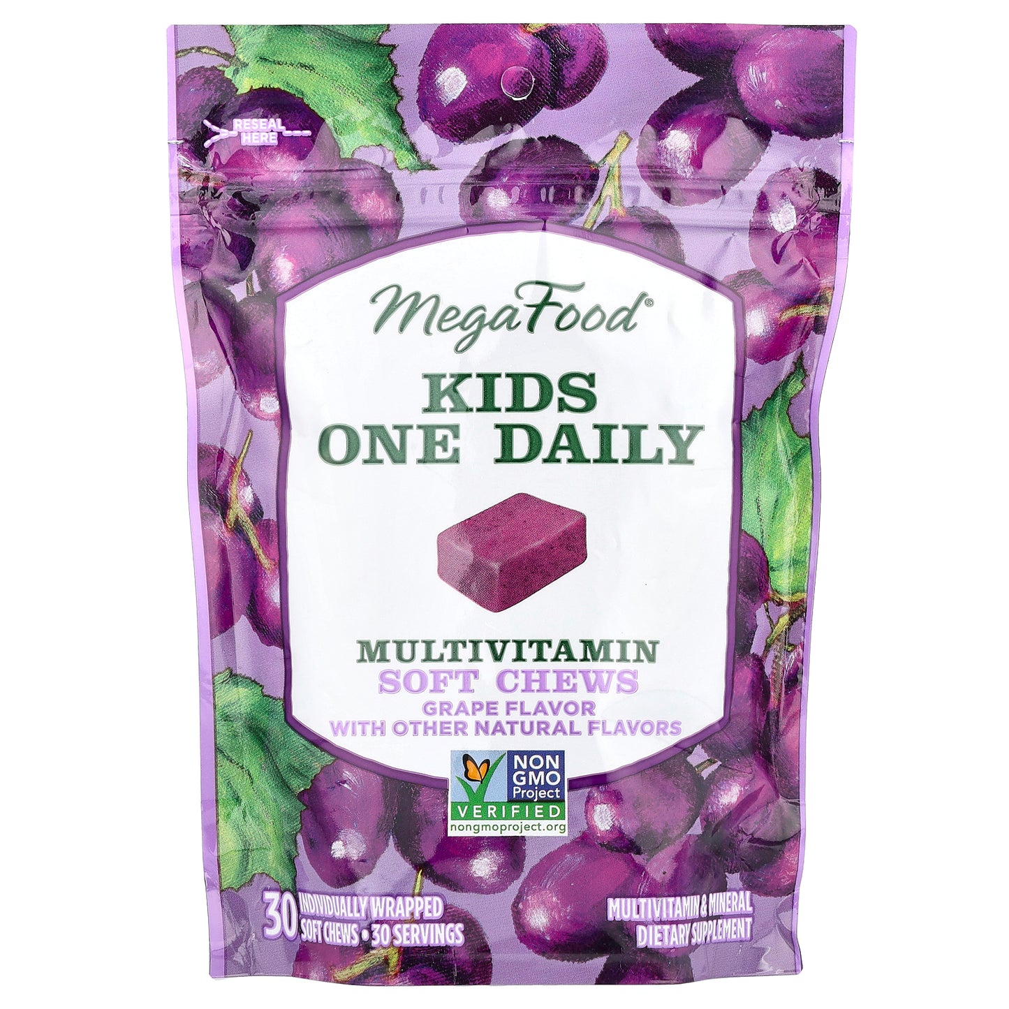 MegaFood, Kids One Daily, Multivitamin Soft Chews, Grape, 30 Individually Wrapped Soft Chews