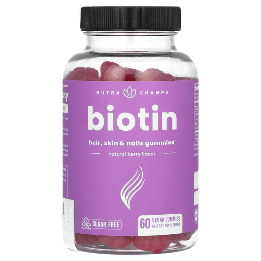 NutraChamps, Biotin, Hair, Skin & Nails Gummies, Sugar Free, Natural Berry, 60 Vegan Gummies