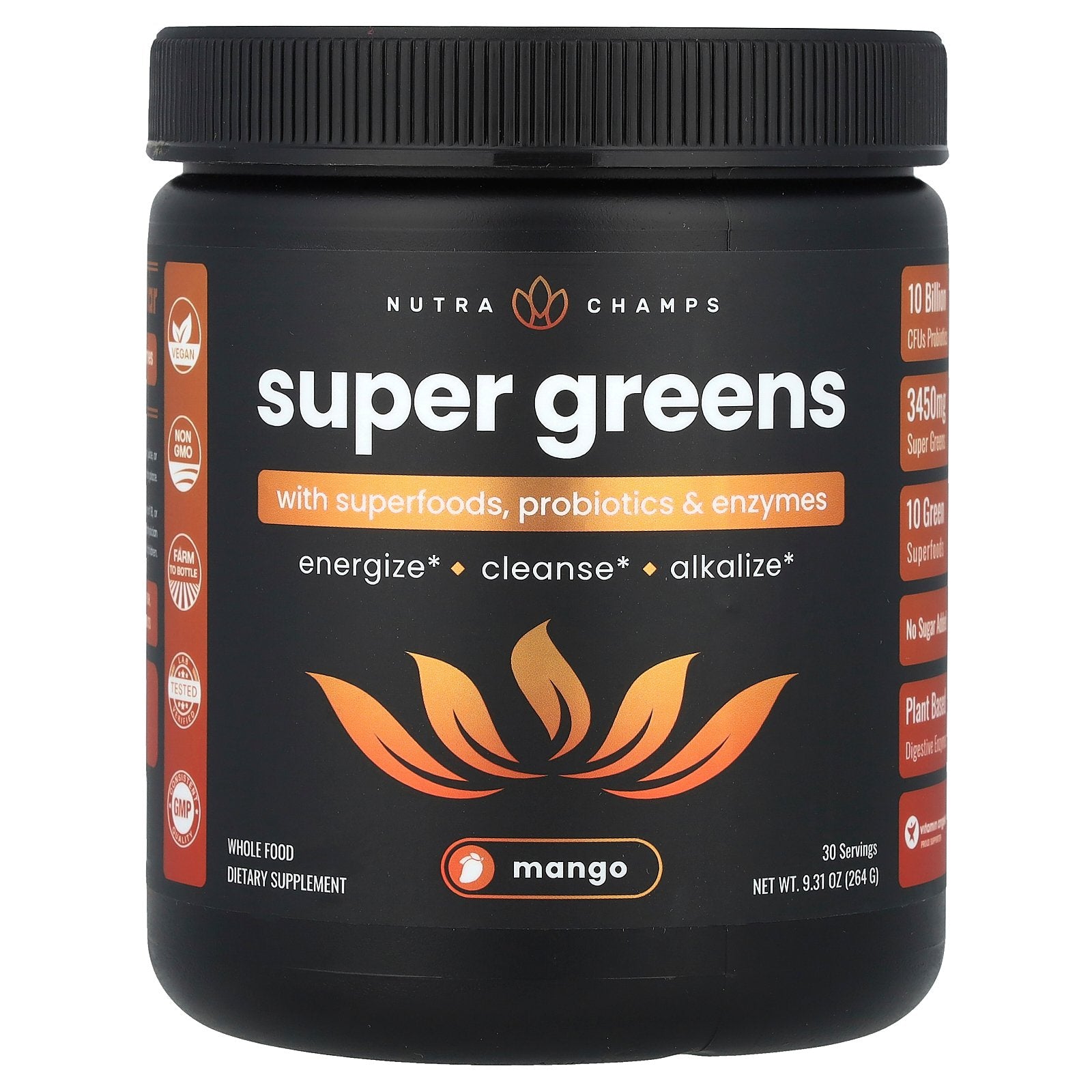 NutraChamps, Super Greens, With Superfoods, Probiotics & Enzymes, Mango, 9.31 oz (264 g)