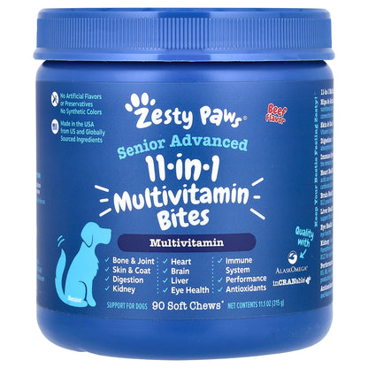 Zesty Paws, Senior Advanced, 11-in-1 Multivitamin Bites, For Dogs, Beef, 90 Soft Chews, 11.1 oz (315 g)